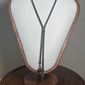 Vtg Heavy Silver Gold Tone Woven Wheat Chain Adjustable Lariat Necklace